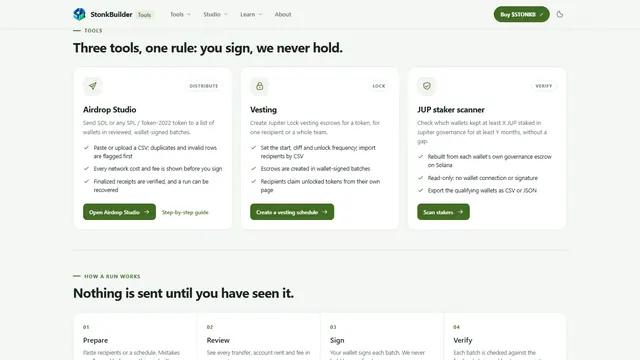 The three StonkBuilder Tools: Airdrop Studio, Vesting and the JUP staker scanner