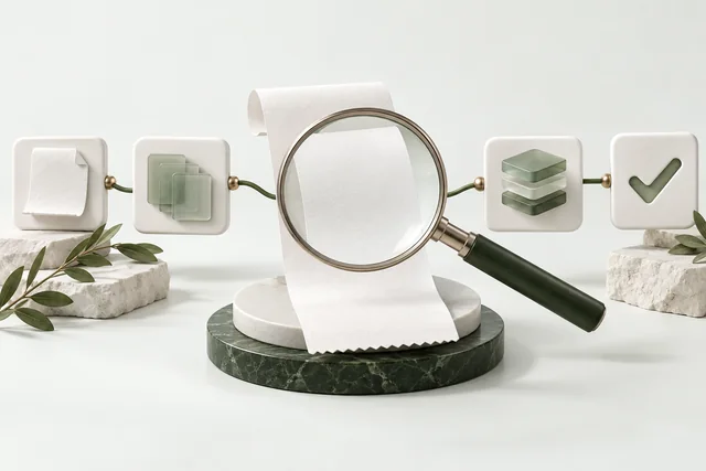 Conceptual illustration of a magnifying glass checking a blank record in a chain of evidence tiles