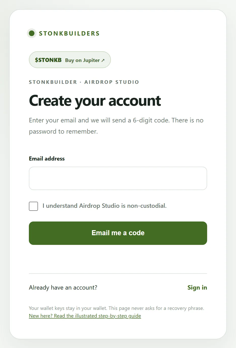 이메일 입력란과 조건 체크박스가 있는 Create account 페이지