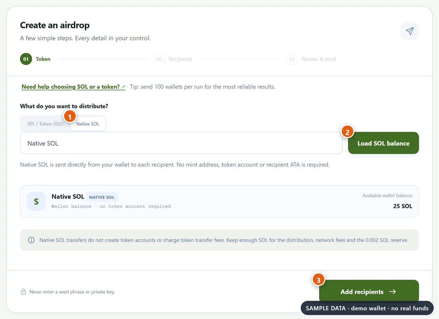 Native SOL을 선택하고 실시간 잔액을 불러온 Choose asset 단계
