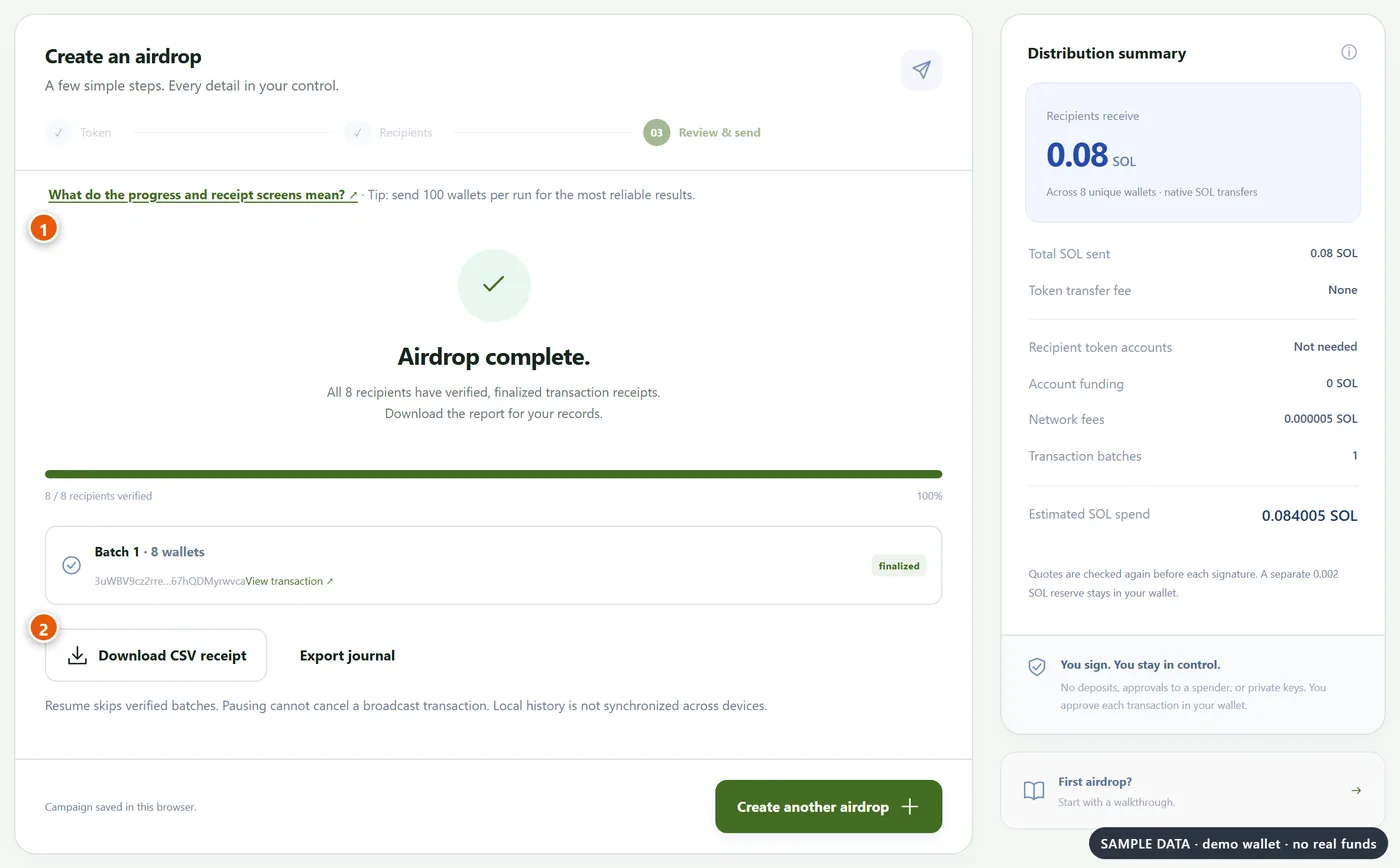 검증된 배치, CSV receipt 버튼, 요약이 표시된 Airdrop complete 화면